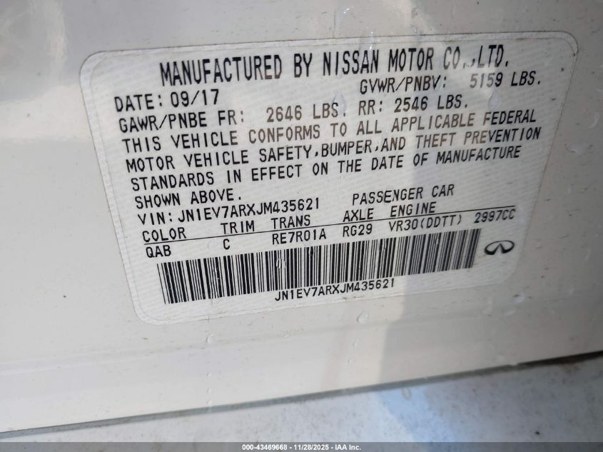 2018 Infiniti Q50 3.0T Luxe VIN: JN1EV7ARXJM435621 Lot: 43469668