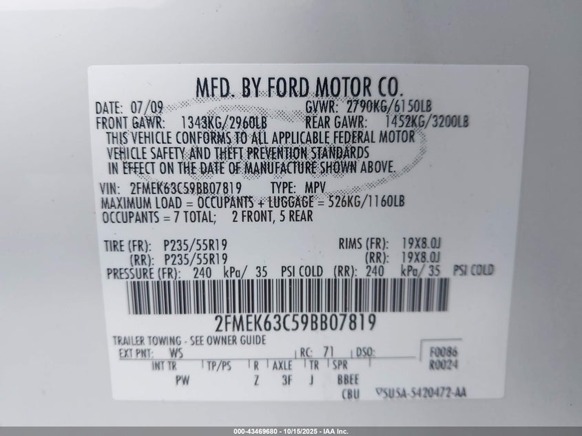 2FMEK63C59BB07819 2009 FORD FLEX photo no. 9