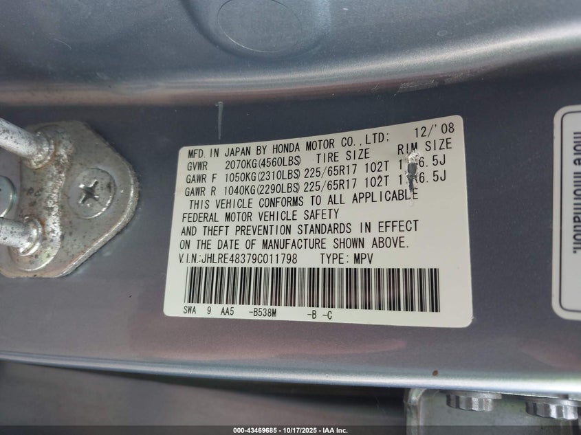 JHLRE48379C011798 2009 HONDA CR-V photo no. 9