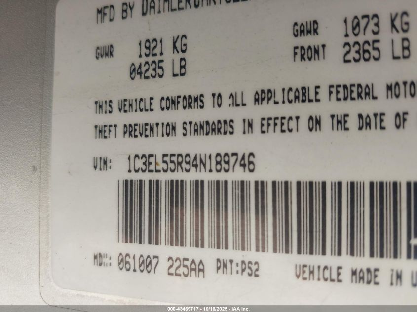 2004 Chrysler Sebring Lxi VIN: 1C3EL55R94N189746 Lot: 43469717