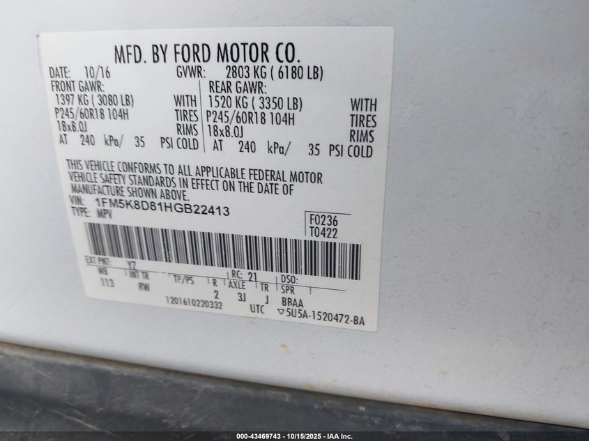 2017 Ford Explorer 3.5 Xlt White Lot 111043469743 Vin 1FM5K8D81HGB22413