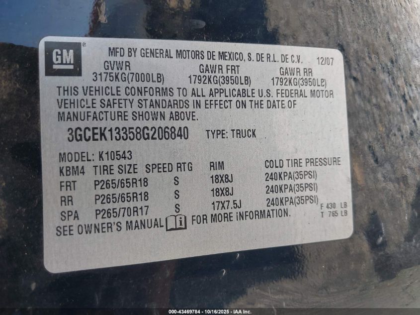 2008 Chevrolet Silverado 1500 Ltz VIN: 3GCEK13358G206840 Lot: 43469784