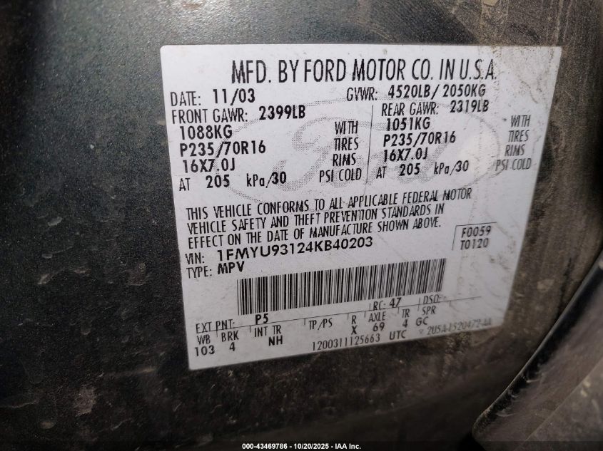 2004 Ford Escape Xlt VIN: 1FMYU93124KB40203 Lot: 43469786