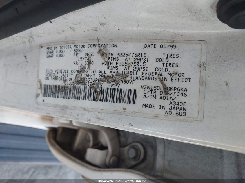 1999 Toyota 4Runner Sr5 V6 VIN: JT3GN86RXX0124537 Lot: 43469787