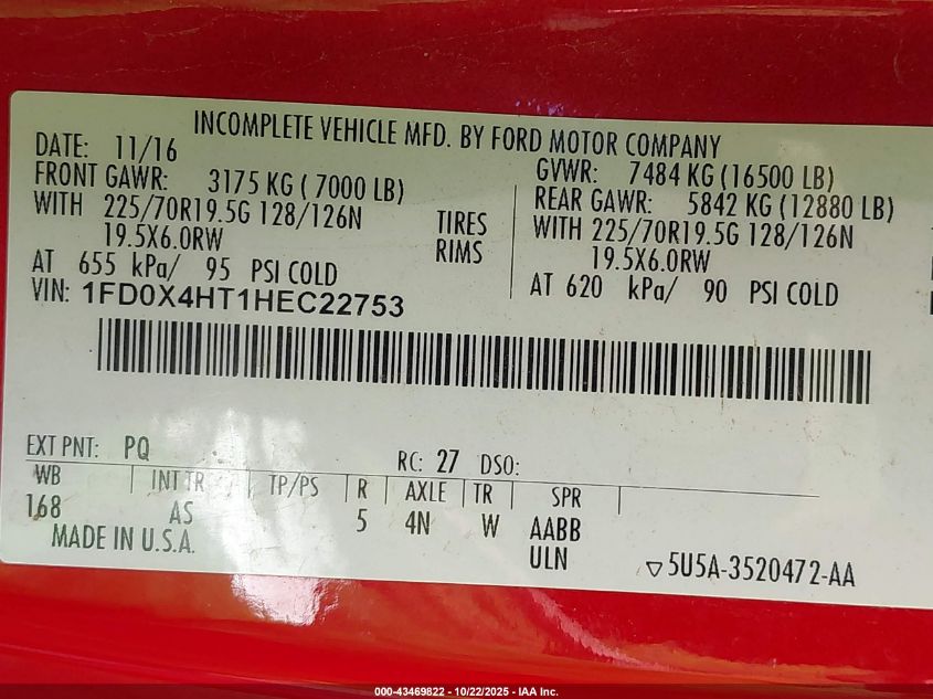 2017 Ford F-450 Chassis Xl VIN: 1FD0X4HT1HEC22753 Lot: 43469822