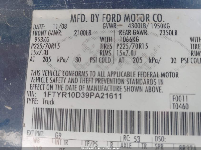 2009 Ford Ranger Sport/Xl/Xlt VIN: 1FTYR10D39PA21611 Lot: 43469872