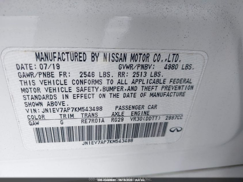 2019 Infiniti Q50 3.0T Luxe VIN: JN1EV7AP7KM543498 Lot: 43469880