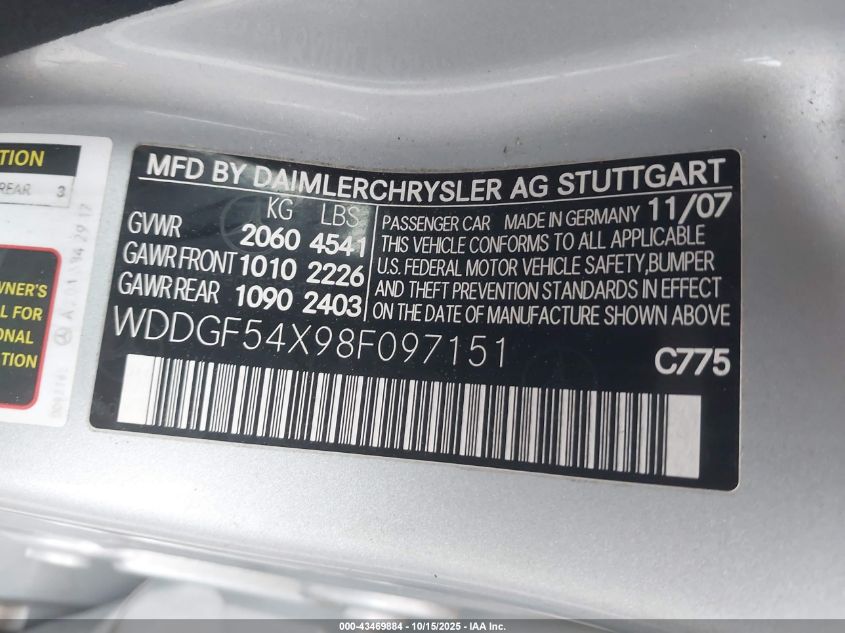 2008 Mercedes-Benz C 300 Luxury/Sport VIN: WDDGF54X98F097151 Lot: 43469884