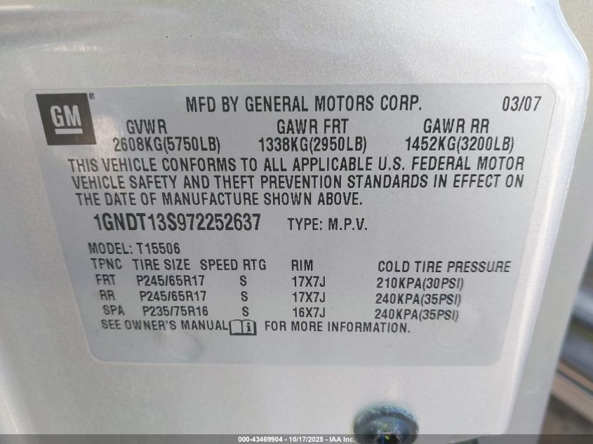 2007 Chevrolet Trailblazer Ls VIN: 1GNDT13S972252637 Lot: 43469904