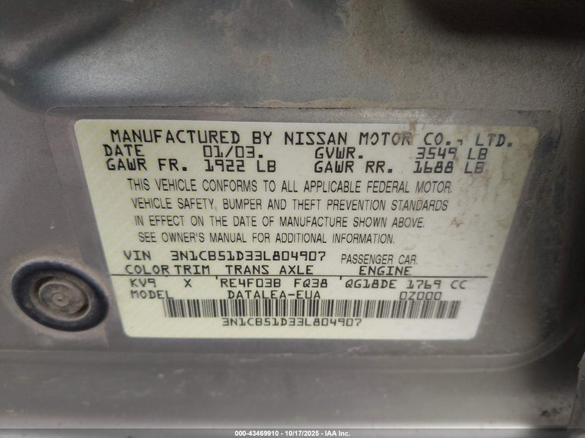 3N1CB51D33L804907 2003 NISSAN SENTRA photo no. 9