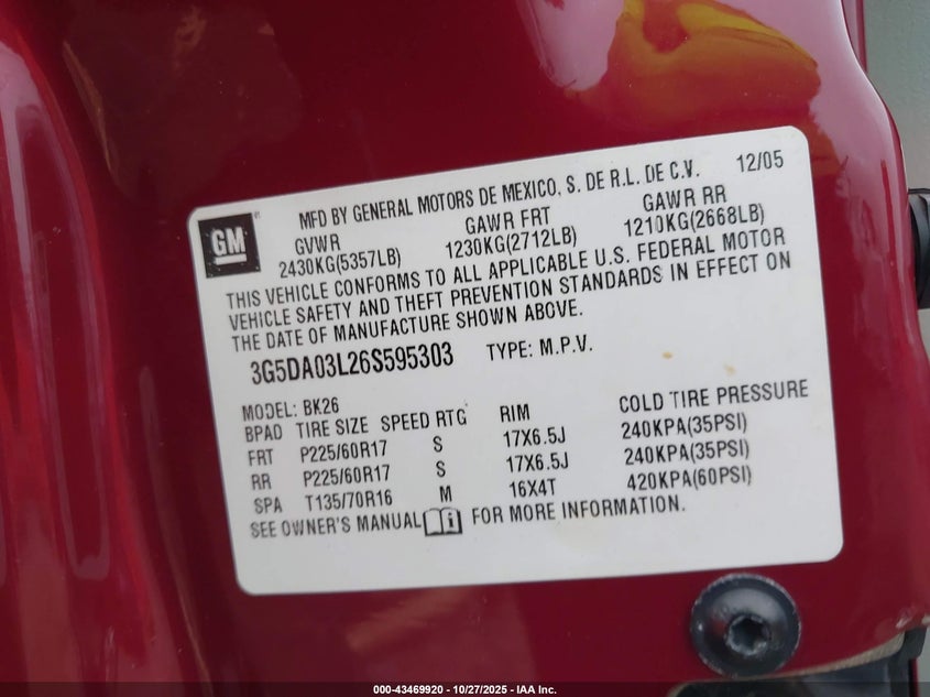 2006 Buick Rendezvous Cx VIN: 3G5DA03L26S595303 Lot: 43469920