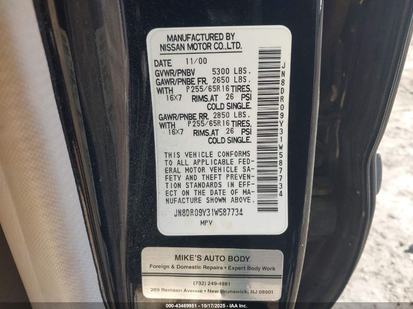 2001 Nissan Pathfinder Le VIN: JN8DR09Y31W587734 Lot: 43469951