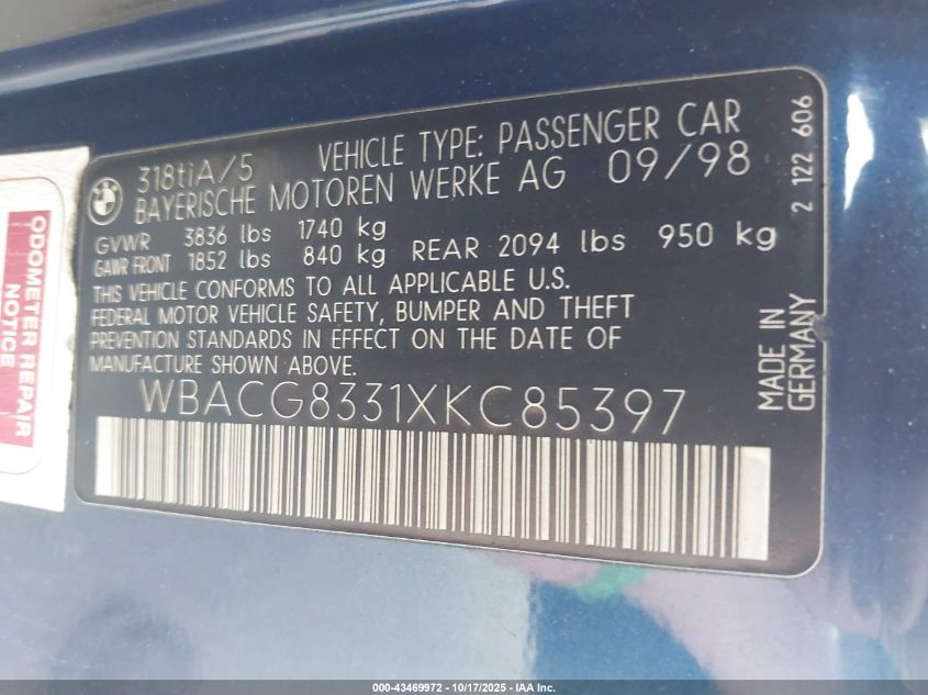 1999 BMW 318Ti VIN: WBACG8331XKC85397 Lot: 43469972