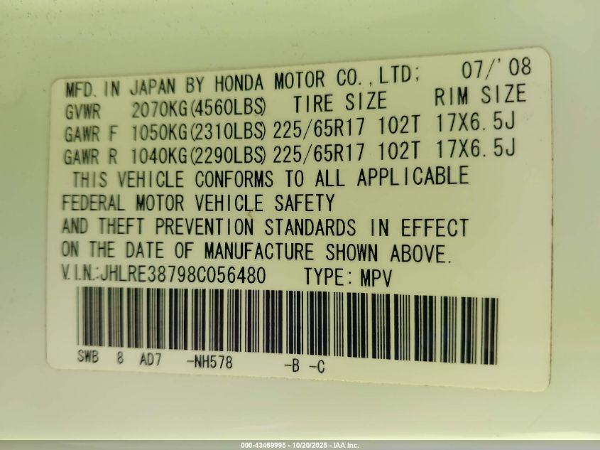 2008 Honda Cr-V Ex-L VIN: JHLRE38798C056480 Lot: 43469995