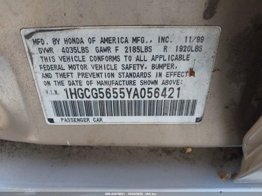 1HGCG5655YA056421 2000 HONDA ACCORD photo no. 9