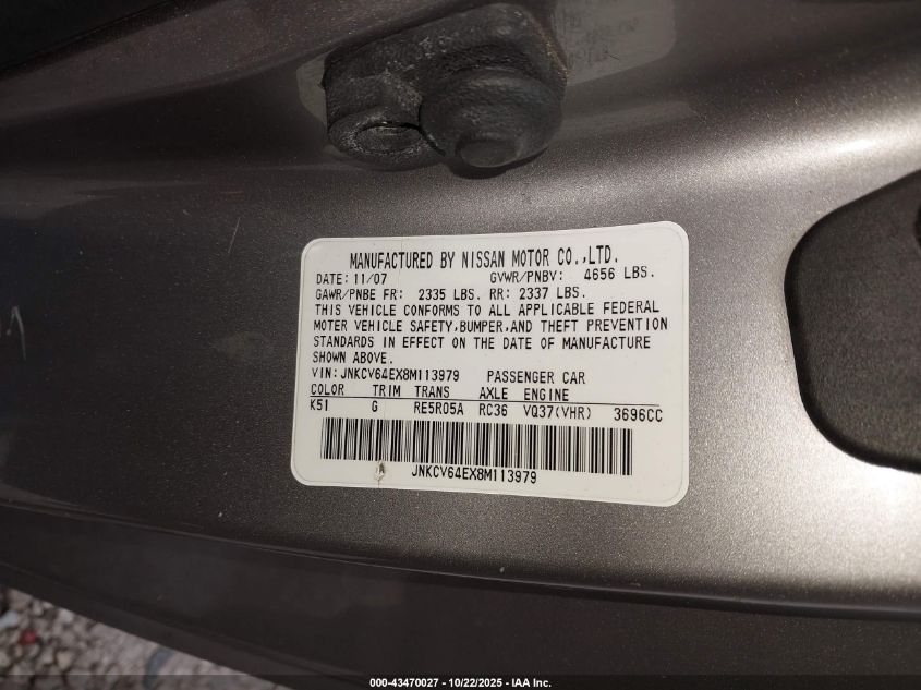 2008 Infiniti G37 Journey VIN: JNKCV64EX8M113979 Lot: 43470027