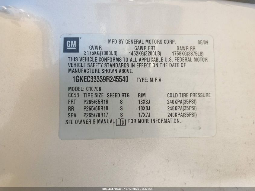 2009 GMC Yukon Slt2 VIN: 1GKEC33339R245540 Lot: 43470040