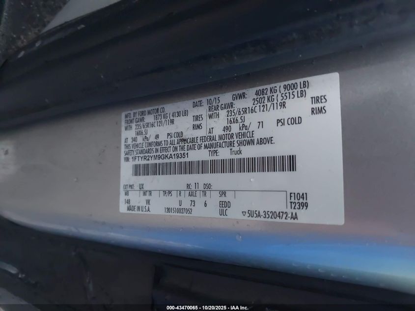 2016 Ford Transit-250 VIN: 1FTYR2YM9GKA19351 Lot: 43470065