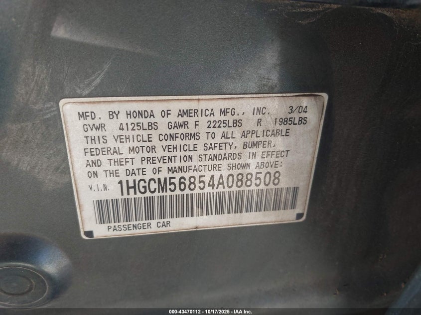1HGCM56854A088508 2004 HONDA ACCORD photo no. 9