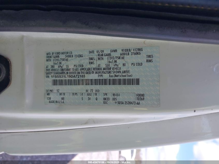 2009 Ford E-350 Super Duty Xl/Xlt VIN: 1FBSS31L19DA72185 Lot: 43470156