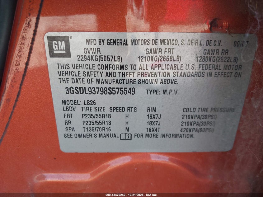3GSDL93798S575549 2008 SATURN VUE photo no. 9