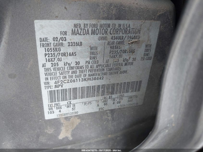 2003 Mazda Tribute Es V6 VIN: 4F2CZ06113KM38442 Lot: 43470278