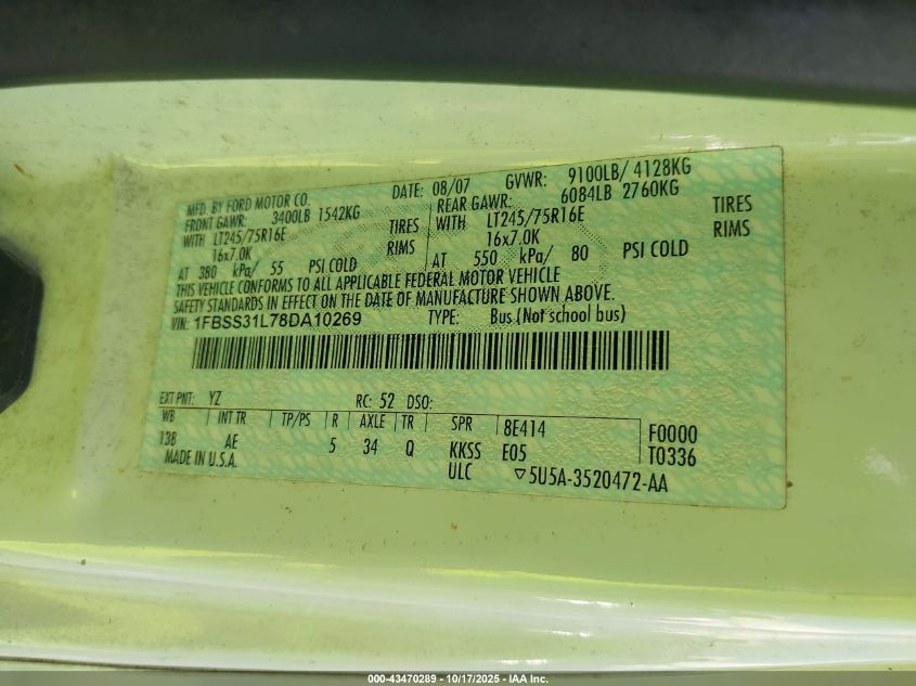 2008 Ford E-350 Super Duty Xl/Xlt VIN: 1FBSS31L78DA10269 Lot: 43470289