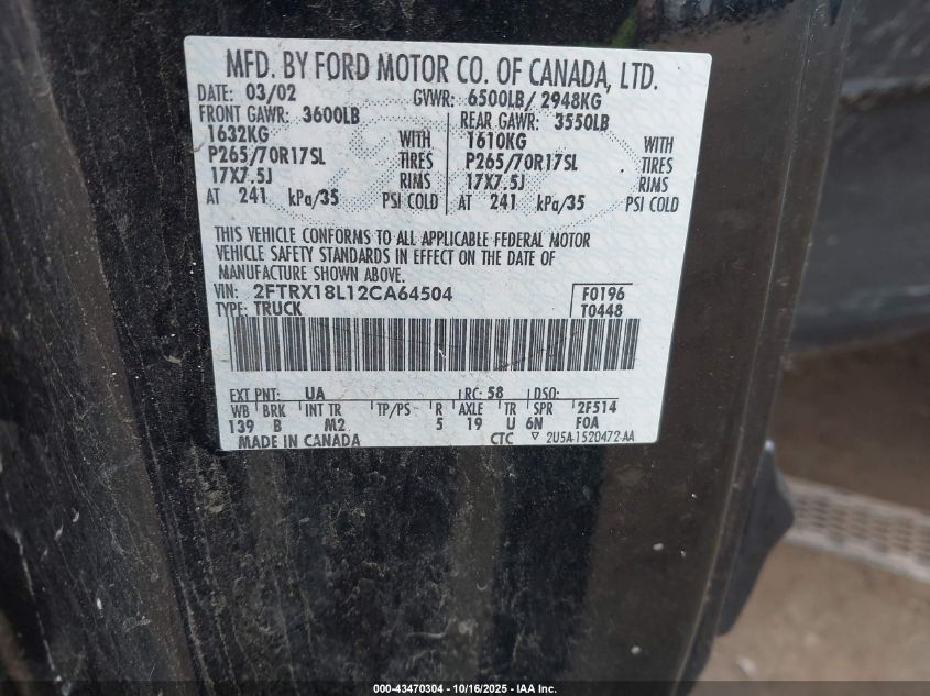 2002 Ford F-150 Lariat/Xl/Xlt VIN: 2FTRX18L12CA64504 Lot: 43470304