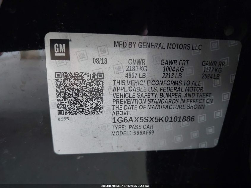 2019 Cadillac Cts Luxury VIN: 1G6AX5SX5K0101886 Lot: 43470358