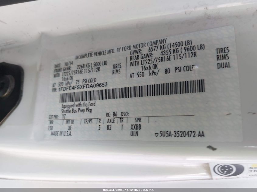 2015 Ford E-450 Cutaway VIN: 1FDFE4FSXFDA09653 Lot: 43470395