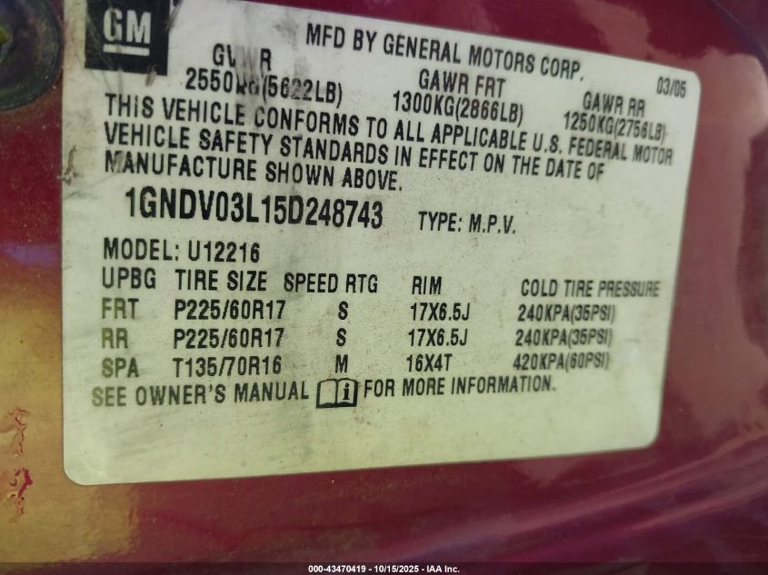 2005 Chevrolet Uplander VIN: 1GNDV03L15D248743 Lot: 43470419