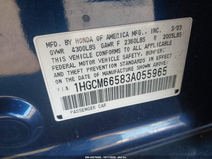 1HGCM66583A055965 2003 HONDA ACCORD photo no. 9