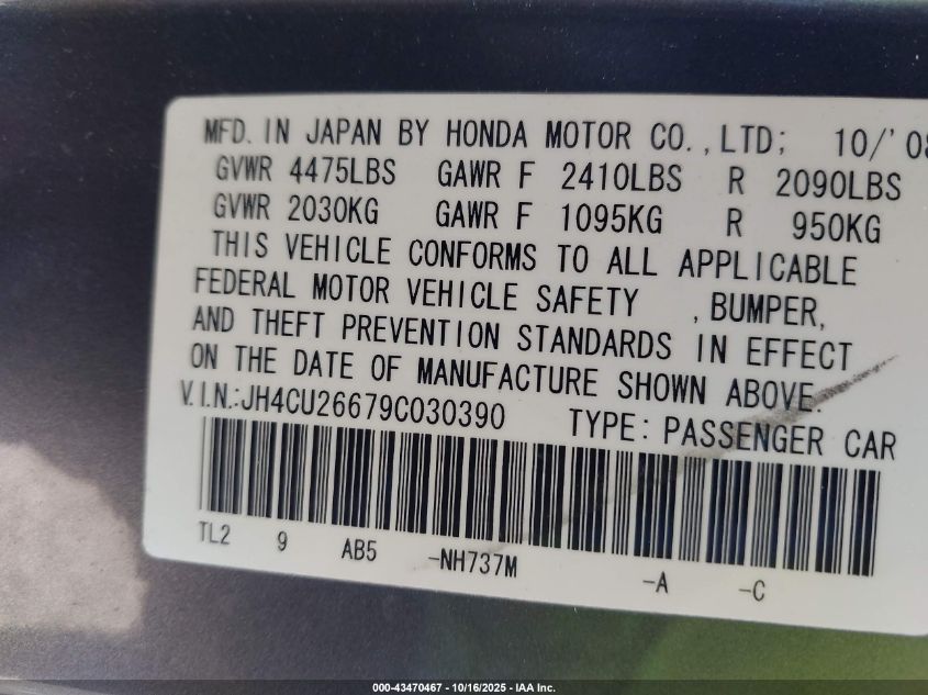 2009 Acura Tsx VIN: JH4CU26679C030390 Lot: 43470467
