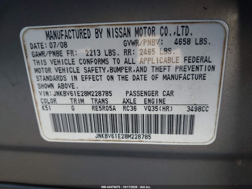 2008 Infiniti G35 Journey VIN: JNKBV61E28M228785 Lot: 43470470