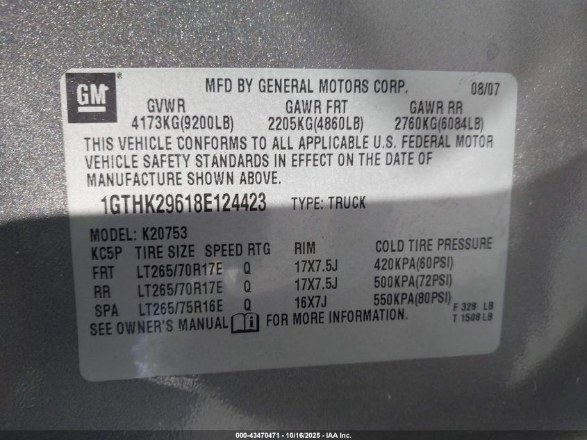 2008 GMC Sierra 2500Hd Sle1 VIN: 1GTHK29618E124423 Lot: 43470471