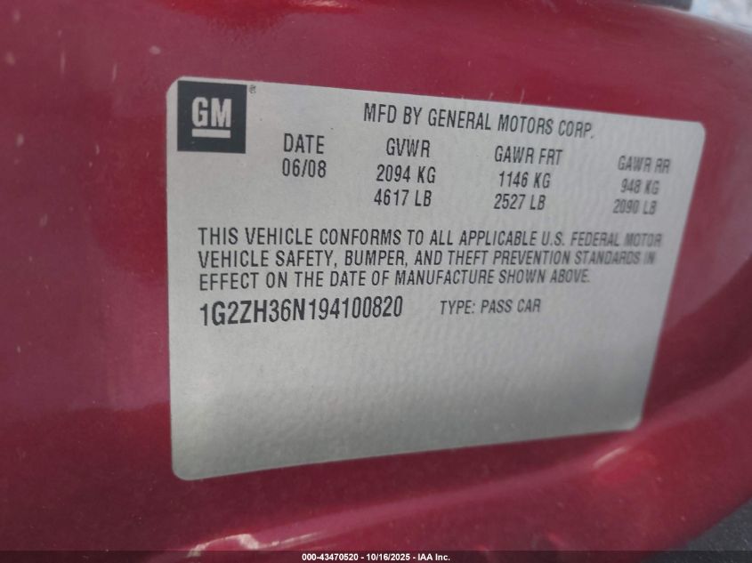 2009 Pontiac G6 Gt VIN: 1G2ZH36N194100820 Lot: 43470520