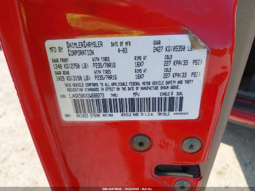 2003 Jeep Liberty Limited Edition VIN: 1J4GK58KX3W688273 Lot: 43470628