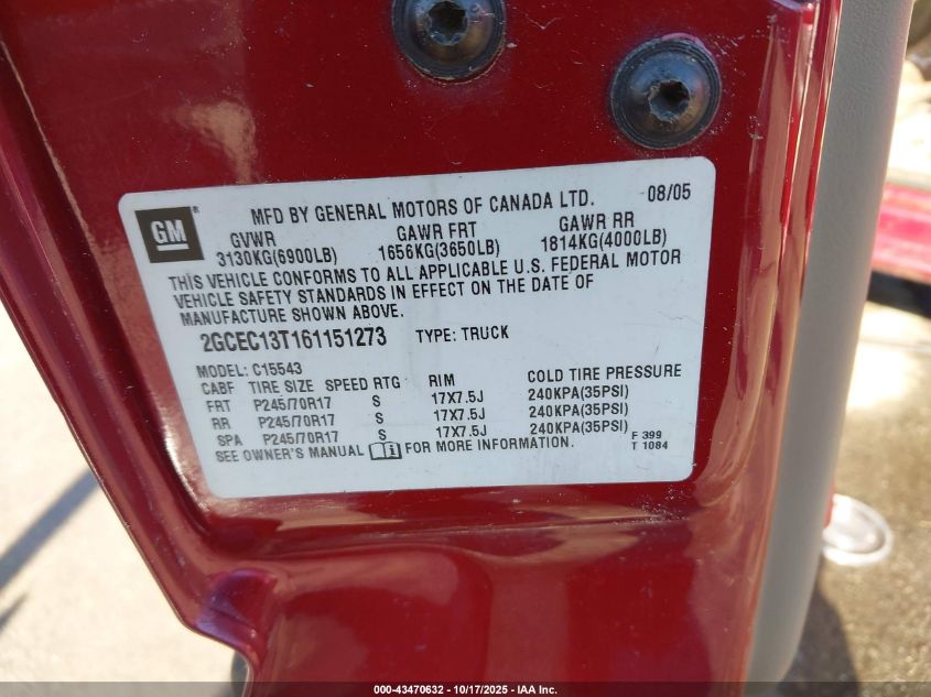 2006 Chevrolet Silverado 1500 Lt3 VIN: 2GCEC13T161151273 Lot: 43470632