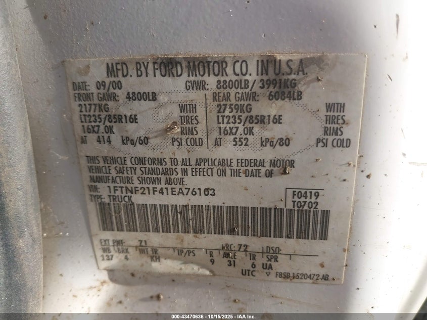 1FTNF21F41EA76103 2001 FORD F250 photo no. 9