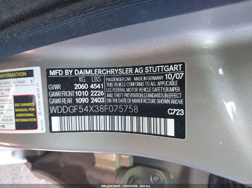 2008 Mercedes-Benz C 300 Luxury/Sport VIN: WDDGF54X38F075758 Lot: 43470649