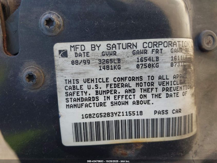 2000 Saturn Sl1 VIN: 1G8ZG5283YZ115518 Lot: 43470683