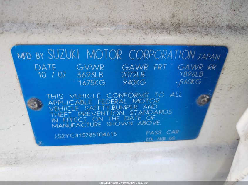 2008 Suzuki Sx4 Sport Convenience/Sport Road Trip Edition Touring 2 VIN: JS2YC415785104615 Lot: 43470693