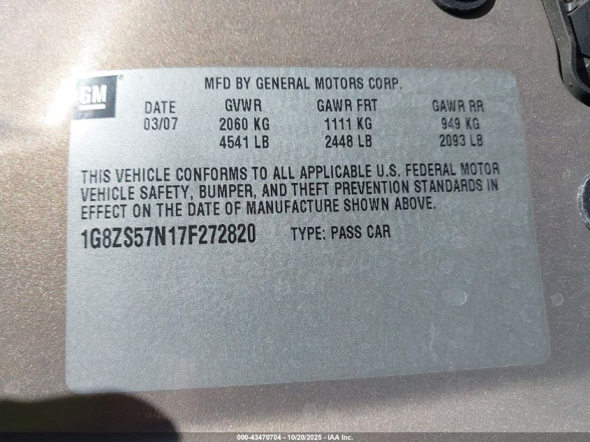 2007 Saturn Aura Xe VIN: 1G8ZS57N17F272820 Lot: 43470704