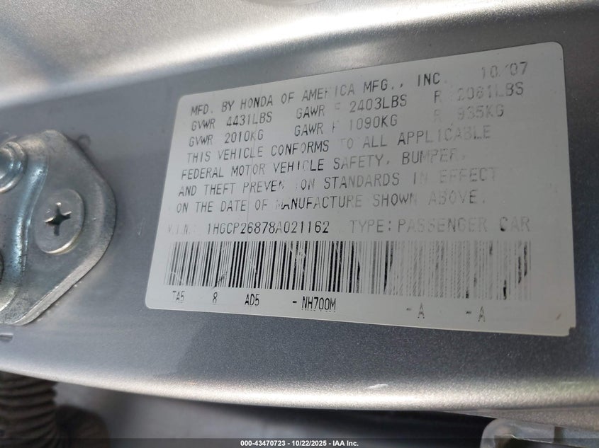 1HGCP26878A021162 2008 HONDA ACCORD photo no. 9