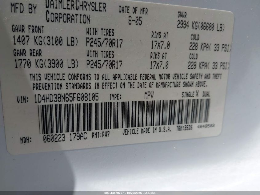 2005 Dodge Durango St VIN: 1D4HD38N65F608105 Lot: 43470727