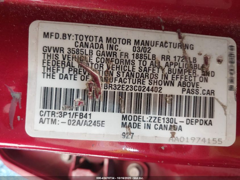 2003 Toyota Corolla Ce VIN: 2T1BR32E23C024402 Lot: 43470734