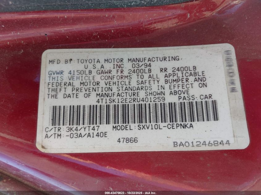 1994 Toyota Camry Le VIN: 4T1SK12E2RU401259 Lot: 43470823