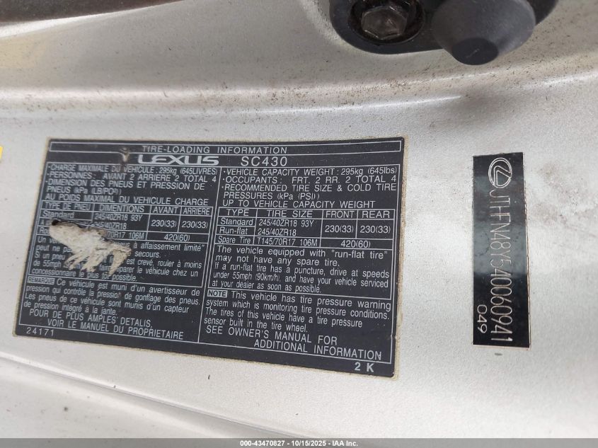 2004 Lexus Sc 430 VIN: JTHFN48Y540060941 Lot: 43470827