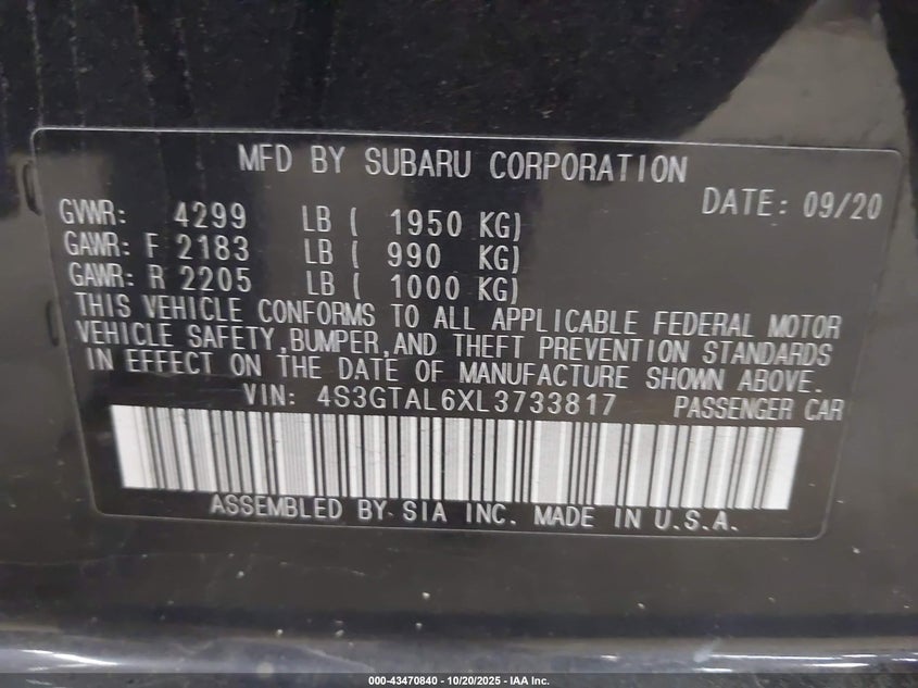 2020 SUBARU IMPREZA SPORT 5-DOOR 4S3GTAL6XL3733817