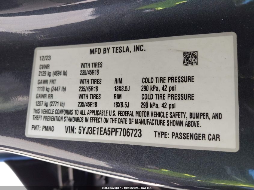 2023 Tesla Model 3 Rear-Wheel Drive VIN: 5YJ3E1EA5PF706723 Lot: 43470847